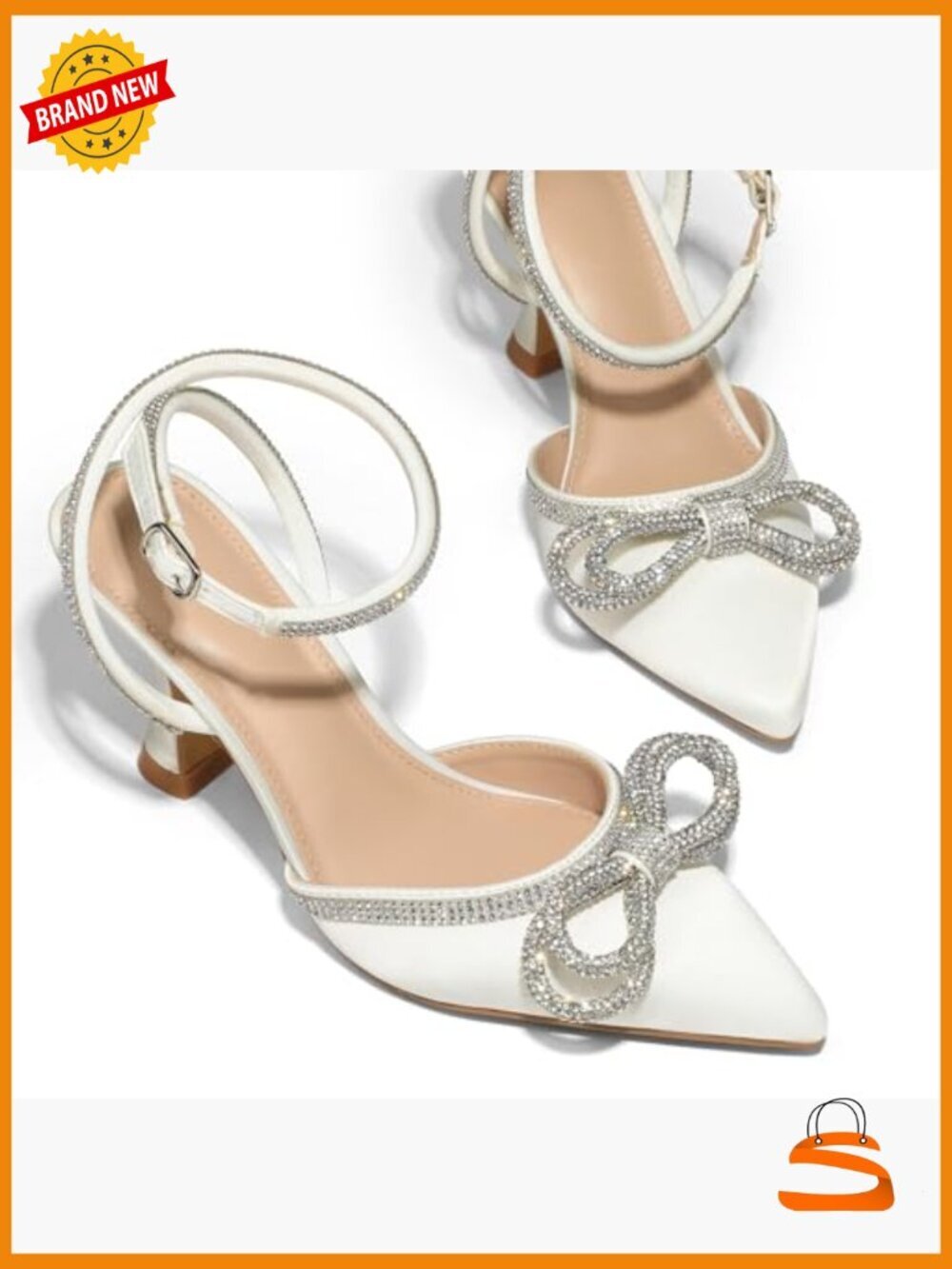 Rhinestone Bow Pumps Wedding Shoes Pointed Toe Kitten Heels Adjustable Strap - Picture 3 of 7